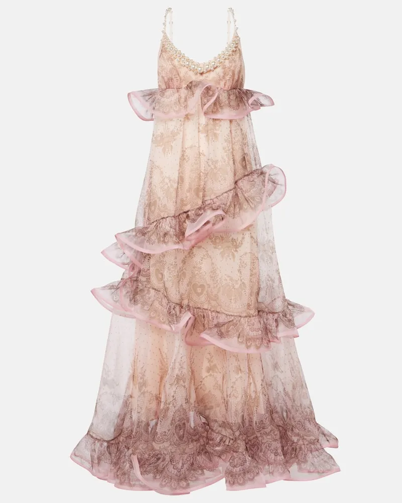 Zimmermann Verziertes Maxikleid Crush aus Seidenorganza Pink
