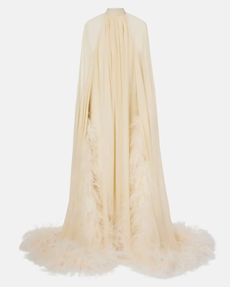 Taller Marmo Robe aus Seide mit Federn Weiß