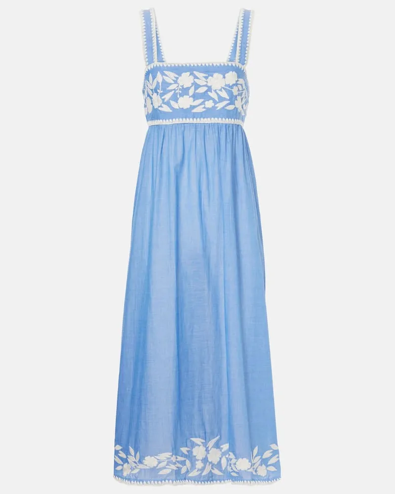 Juliet Dunn Besticktes Midikleid aus Chambray Blau