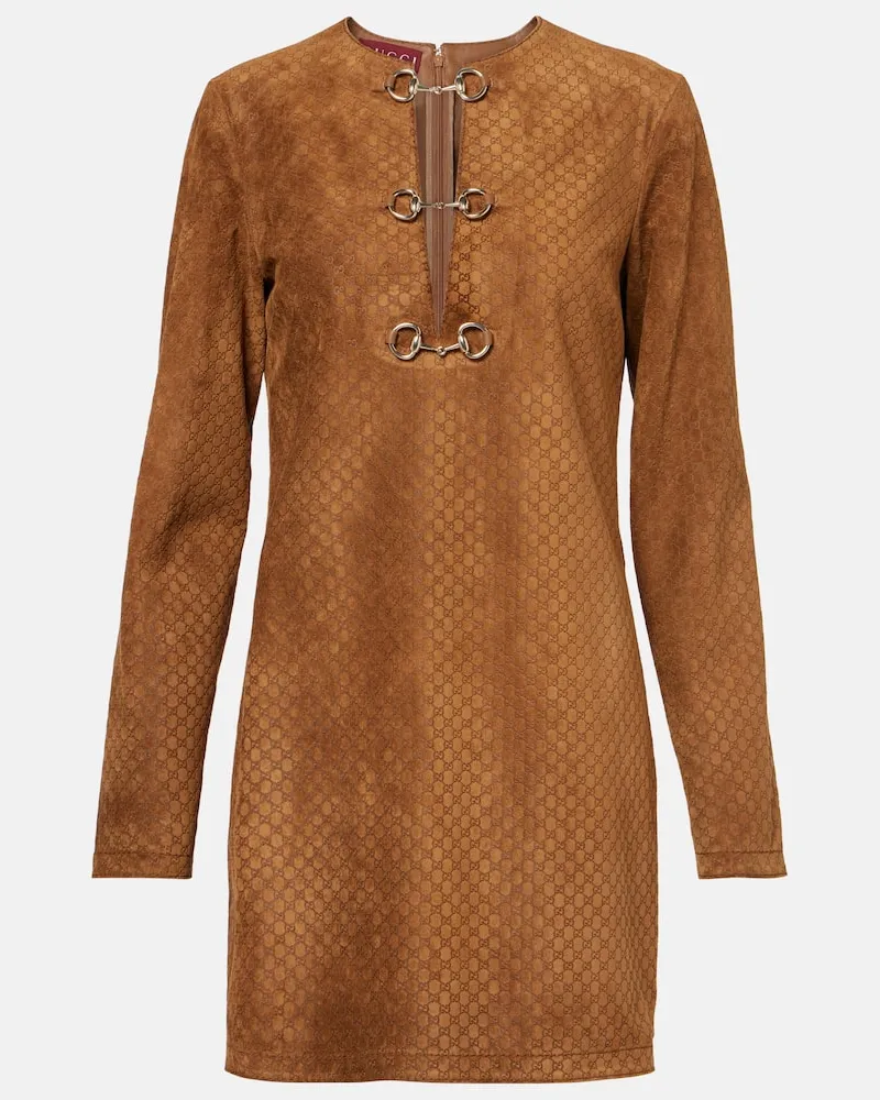 Gucci Minikleid GG Horsebit aus Veloursleder Braun