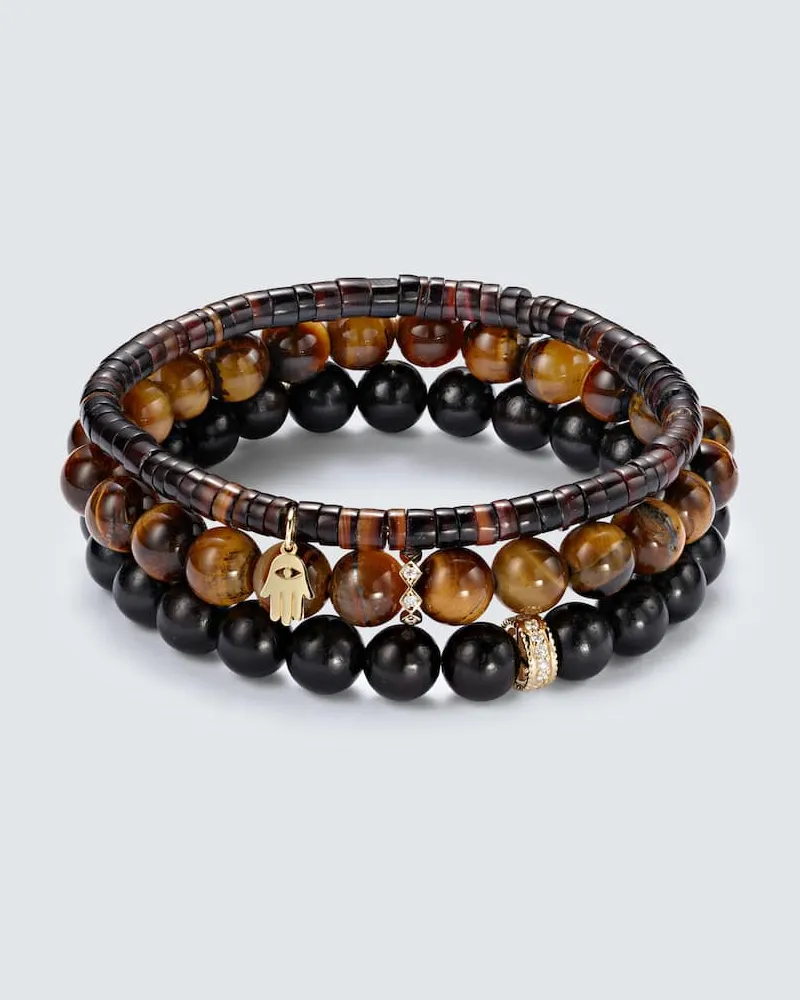Sydney Evan Set aus drei Armbändern aus Tigerauge mit 14kt Gelbgold und Diamanten Multicolor