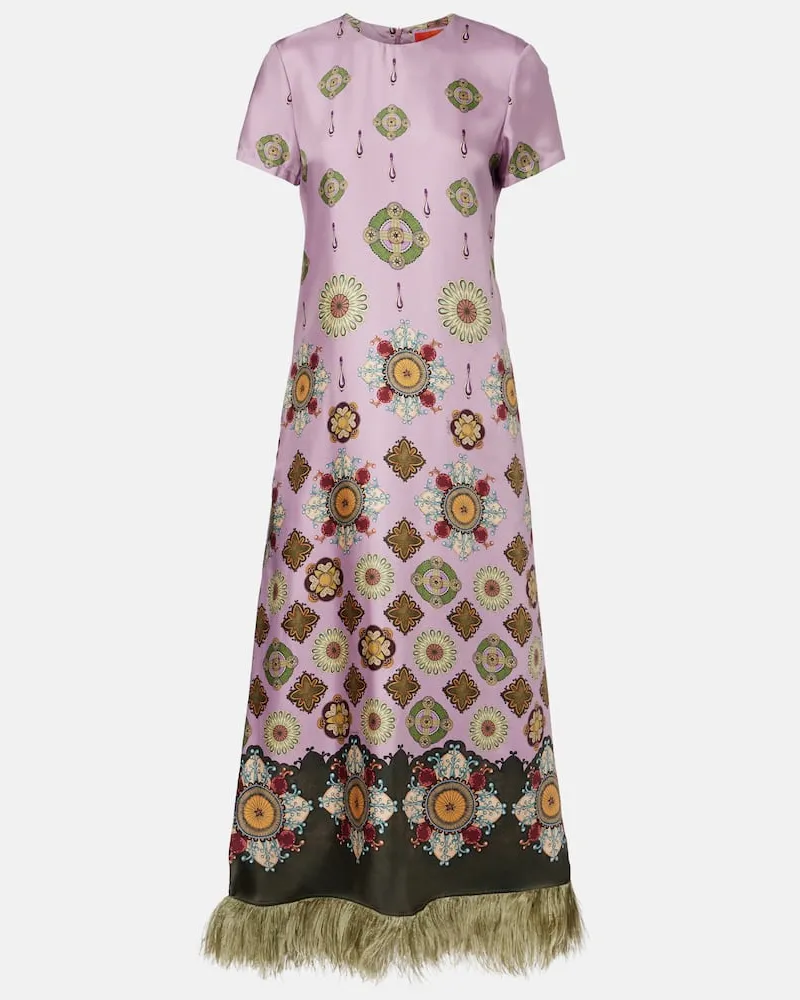 La DoubleJ Maxikleid Swing aus Seide mit Federn Violett