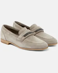 Brunello Cucinelli Verzierte Loafers aus Veloursleder Grau