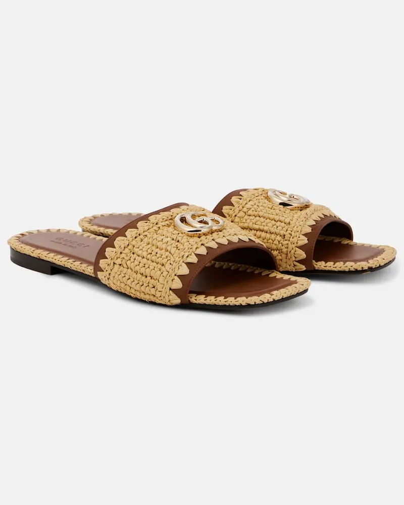 Gucci Pantoletten Double G aus Raffiabast mit Leder Braun