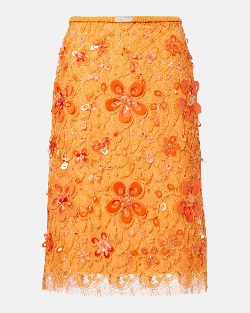 Gucci Bestickter Midirock aus Spitze Orange