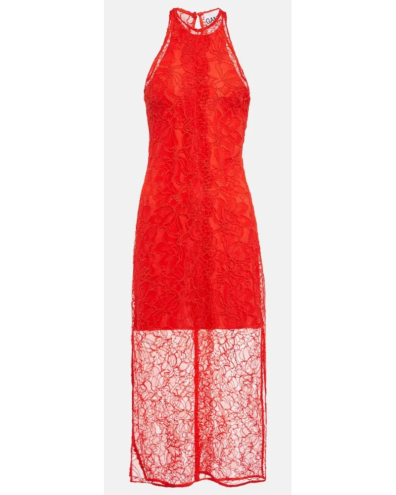 Ganni Midikleid aus Spitze Rot