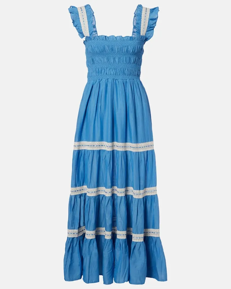 RIXO Midikleid Aubrie aus Baumwoll-Voile mit Spitze Blau