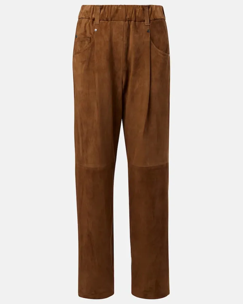 Brunello Cucinelli Gerade Hose aus Veloursleder Braun