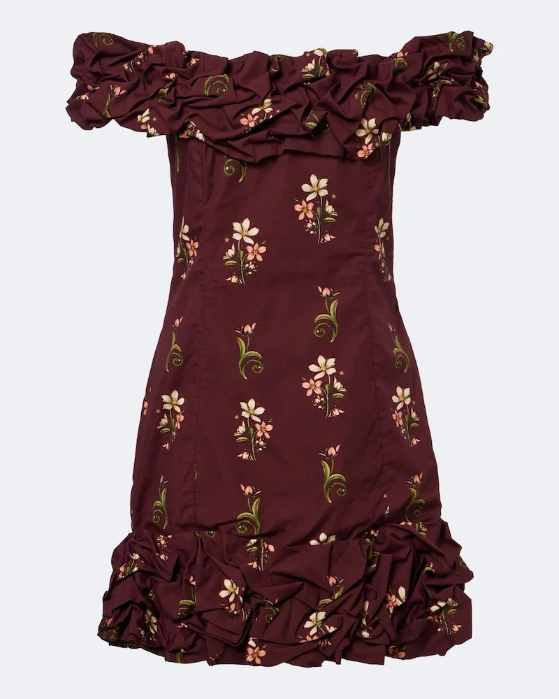 AGUA BENDITA Off-Shoulder Minikleid Jardin aus Baumwolle Burgunderrot