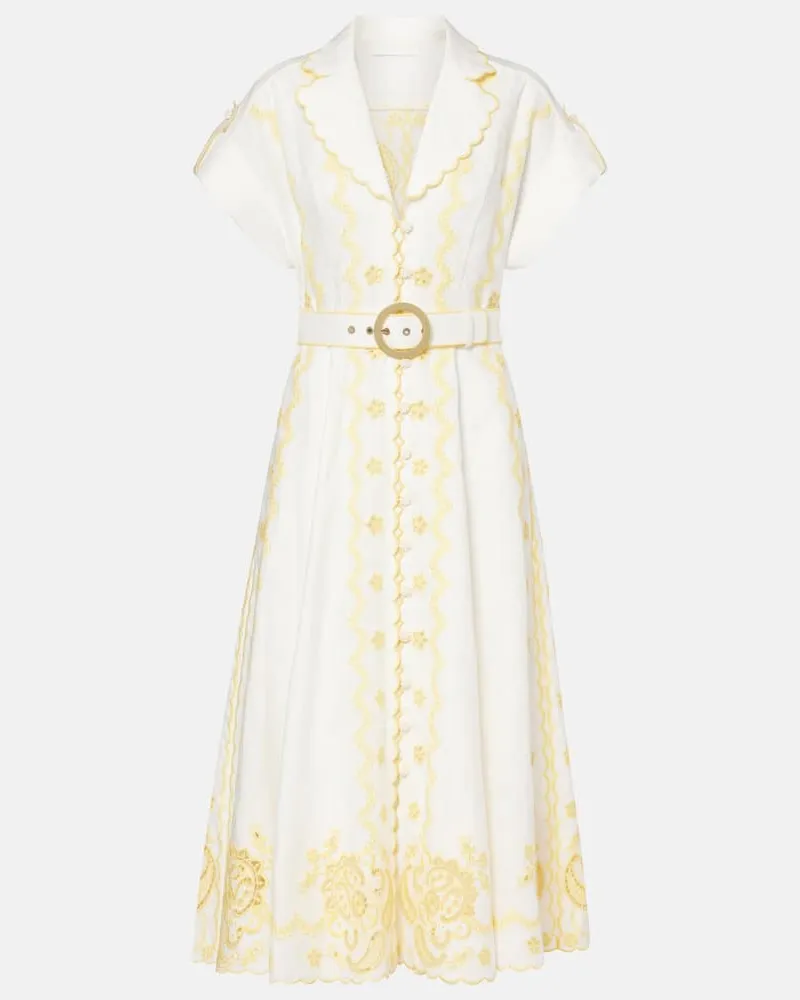 Zimmermann Besticktes Midikleid Lucky aus Leinen Weiß