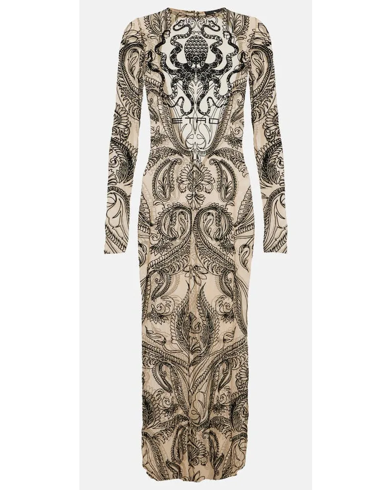 Etro Bedrucktes Midikleid aus Tüll Beige
