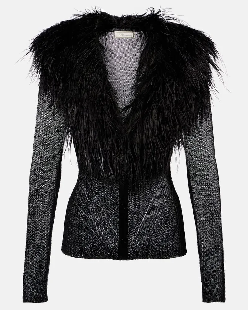 Blumarine Cardigan aus Rippstrick mit Federn Schwarz