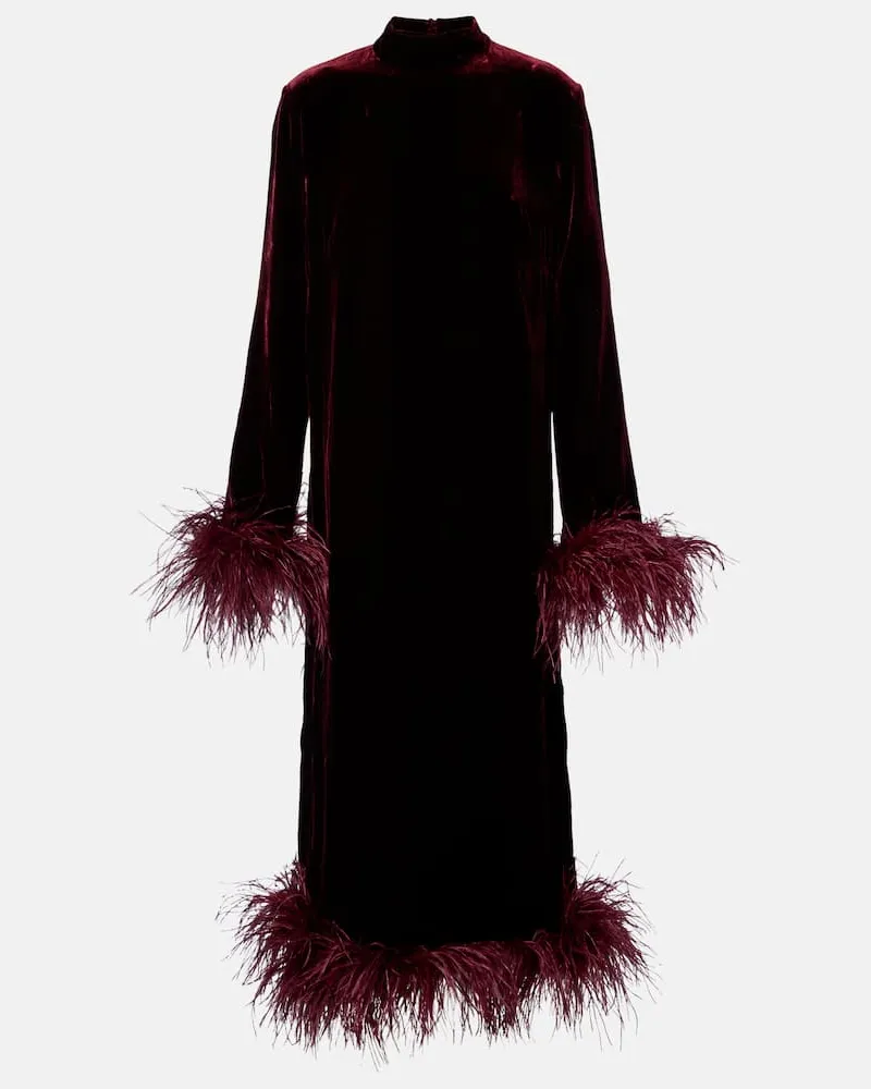Taller Marmo Midikleid Gina Venti aus Samt mit Federn Burgunderrot