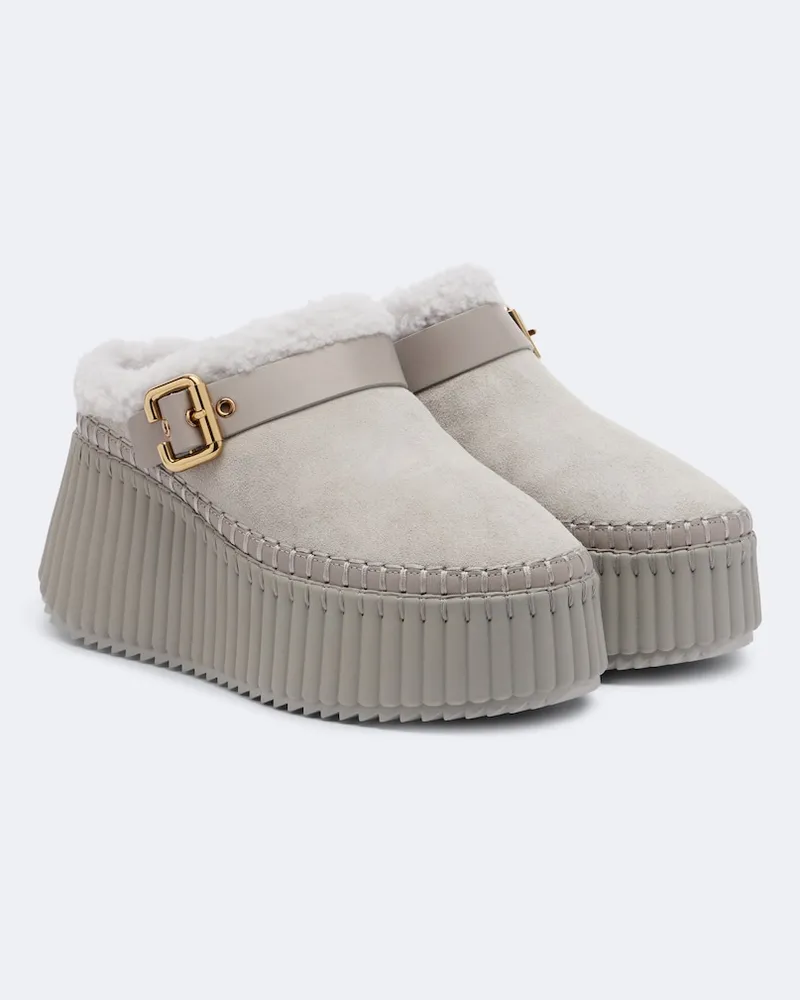 Chloé Chloé Plateau-Mules Nama aus Veloursleder mit Shearling Grau