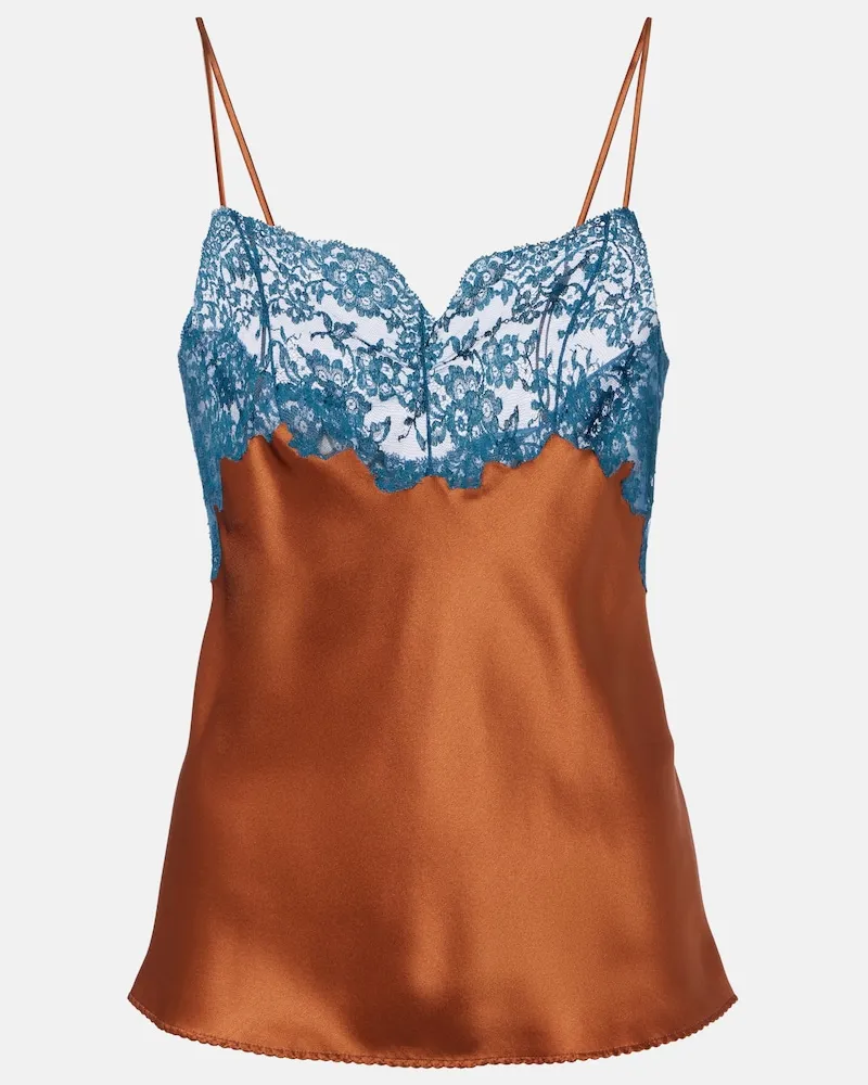 Saint Laurent Top aus Seidensatin mit Spitze Braun