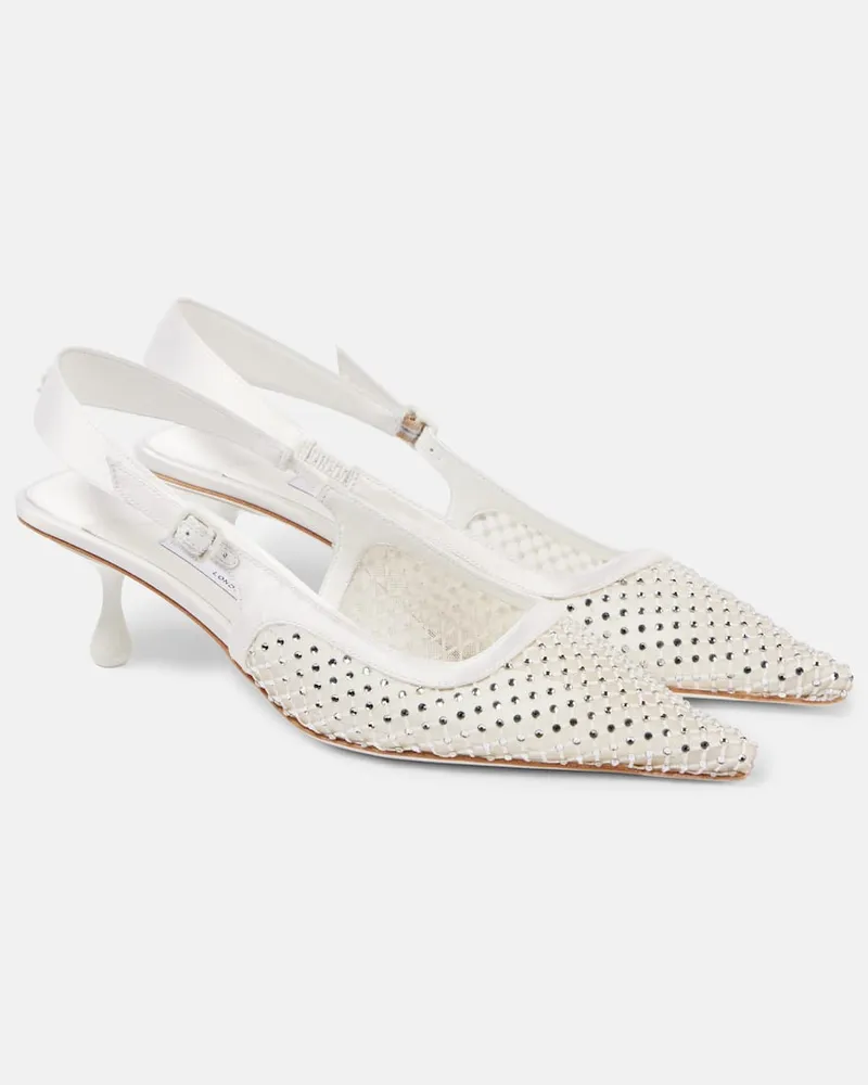 Jimmy Choo Slingback-Pumps Amel 50 aus Mesh mit Kristallen Weiß