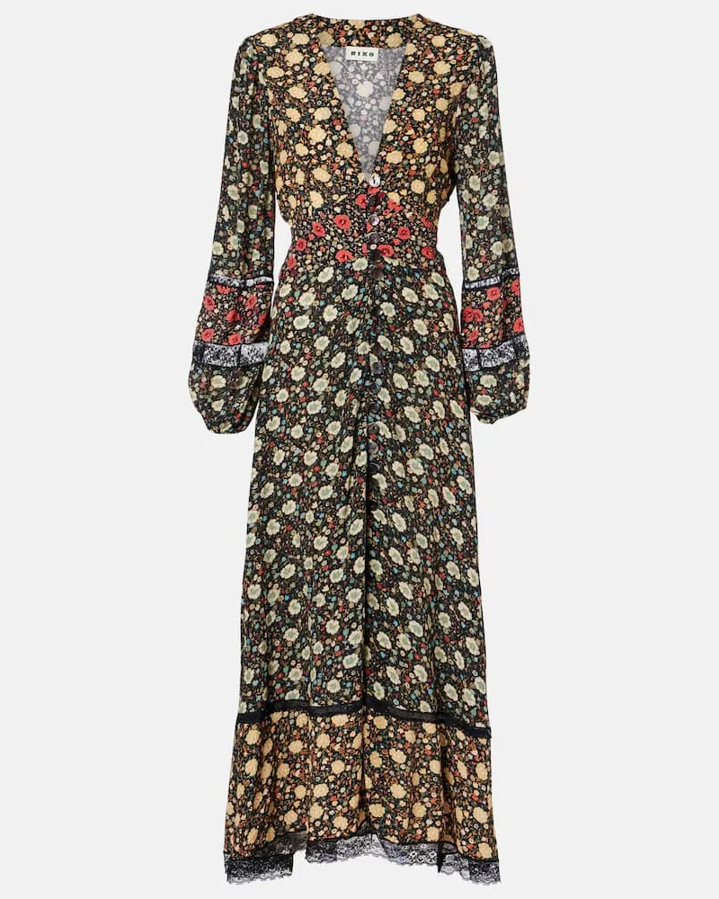 RIXO Midikleid Raven aus Crêpe de Chine Multicolor