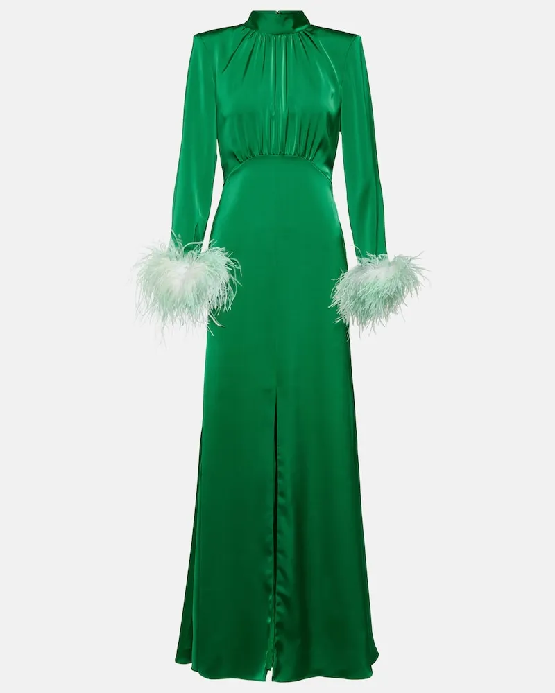 Self-Portrait Robe aus Satin mit Federn Grün