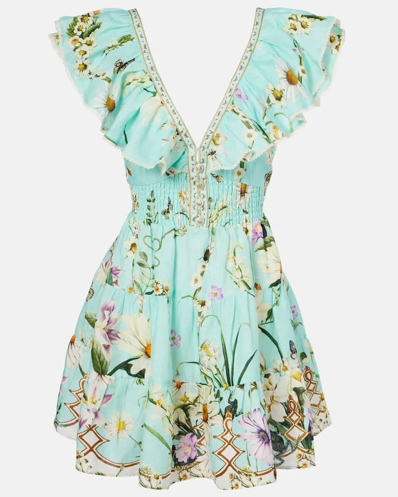 Camilla Verziertes Minikleid Foral Freefall aus Leinen Blau