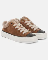 Brunello Cucinelli Verzierte Sneakers aus Veloursleder mit Shearling Braun