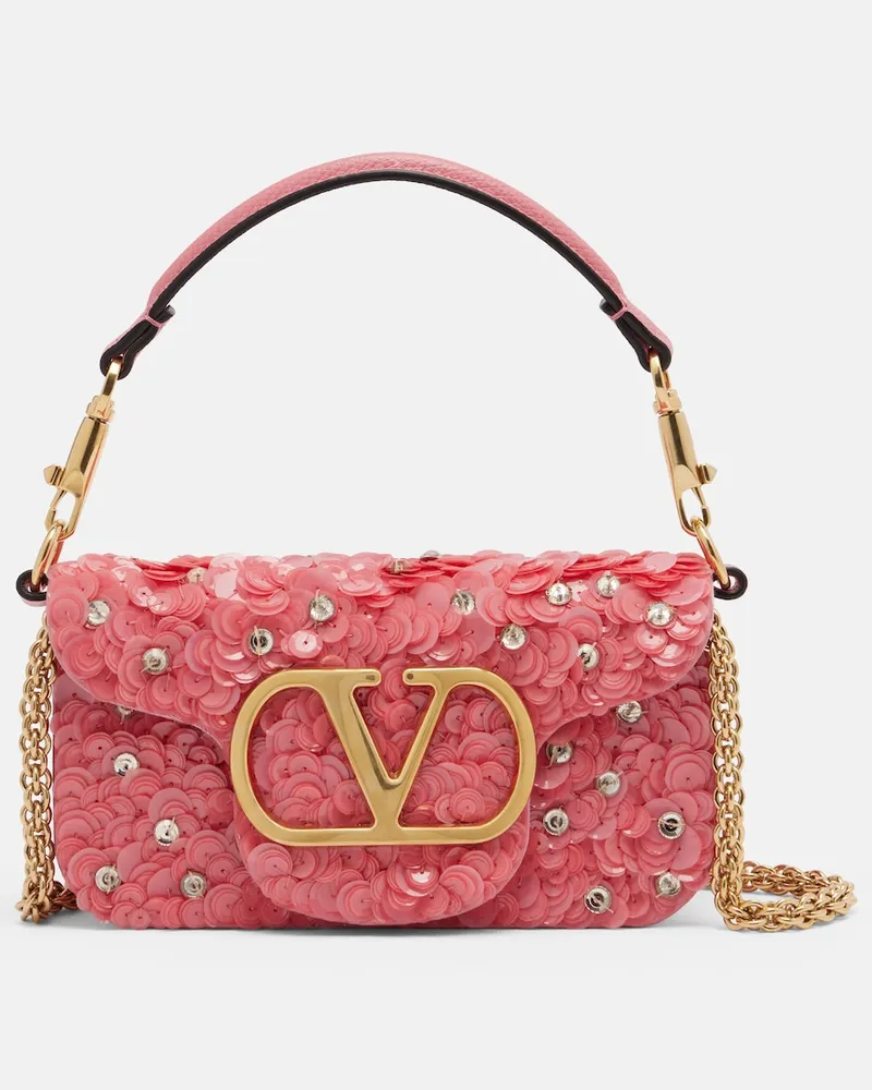 Valentino Garavani Verzierte Schultertasche Locò Small aus Satin Rosa