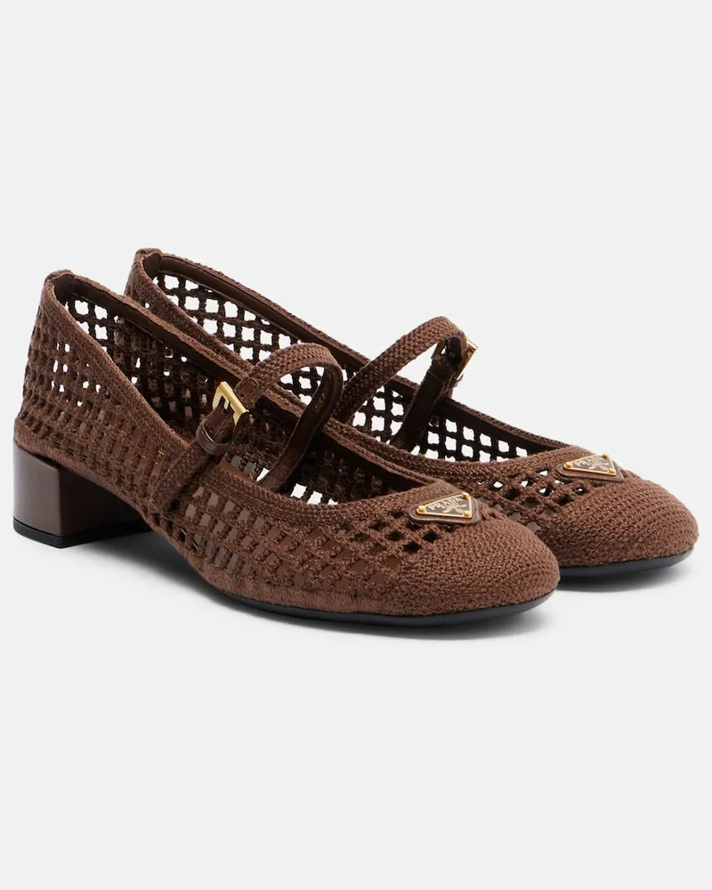 Prada Mary-Jane-Pumps aus Häkelstrick Braun