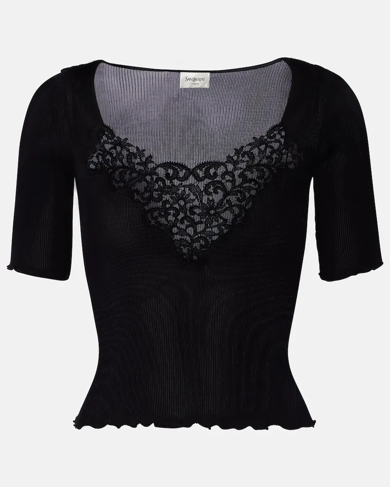 Saint Laurent Top aus Rippstrick mit Spitze Schwarz