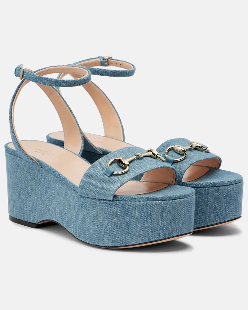 Gucci Plateausandalen Horsebit aus Denim Blau