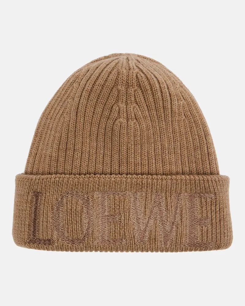 Loewe Bestickte Mütze aus Rippstrick Beige