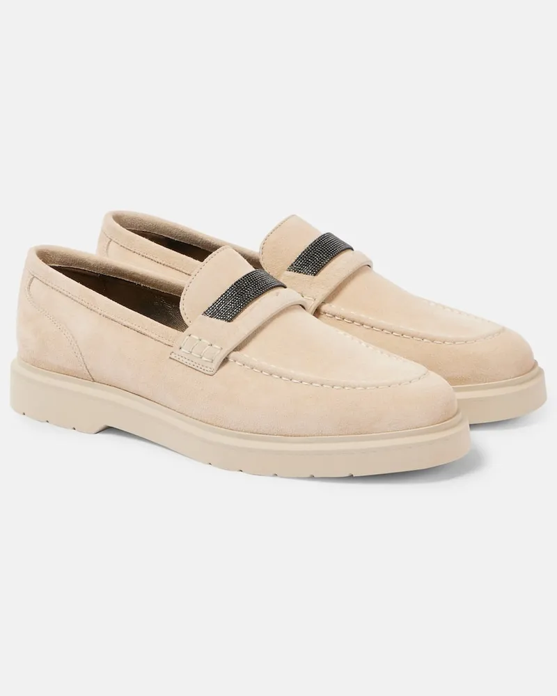 Brunello Cucinelli Verzierte Loafers aus Veloursleder Weiß