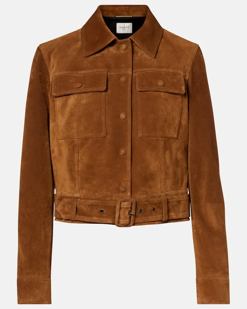 Saint Laurent Cropped-Jacke aus Veloursleder Braun