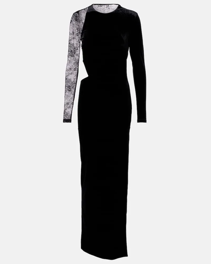 Self-Portrait Maxikleid aus Samt mit Spitze Schwarz