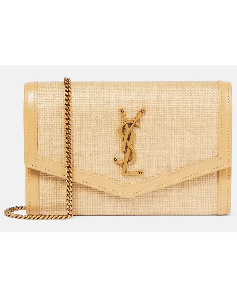 Saint Laurent Portemonnaie mit Kettenriemen Uptown aus Raffiabast Nude
