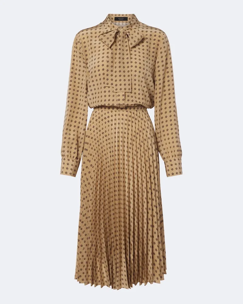 Gucci Midikleid Interlocking G aus Seide Beige