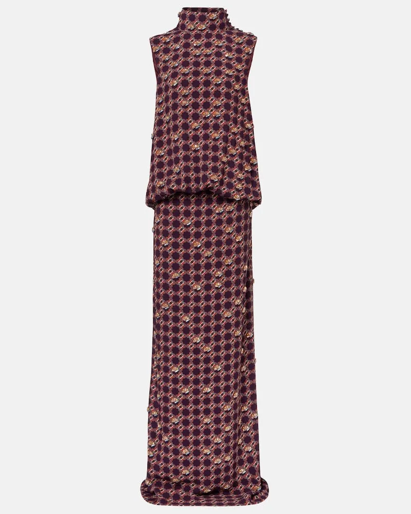 Dries van Noten Verzierte Robe aus Crêpe Burgunderrot