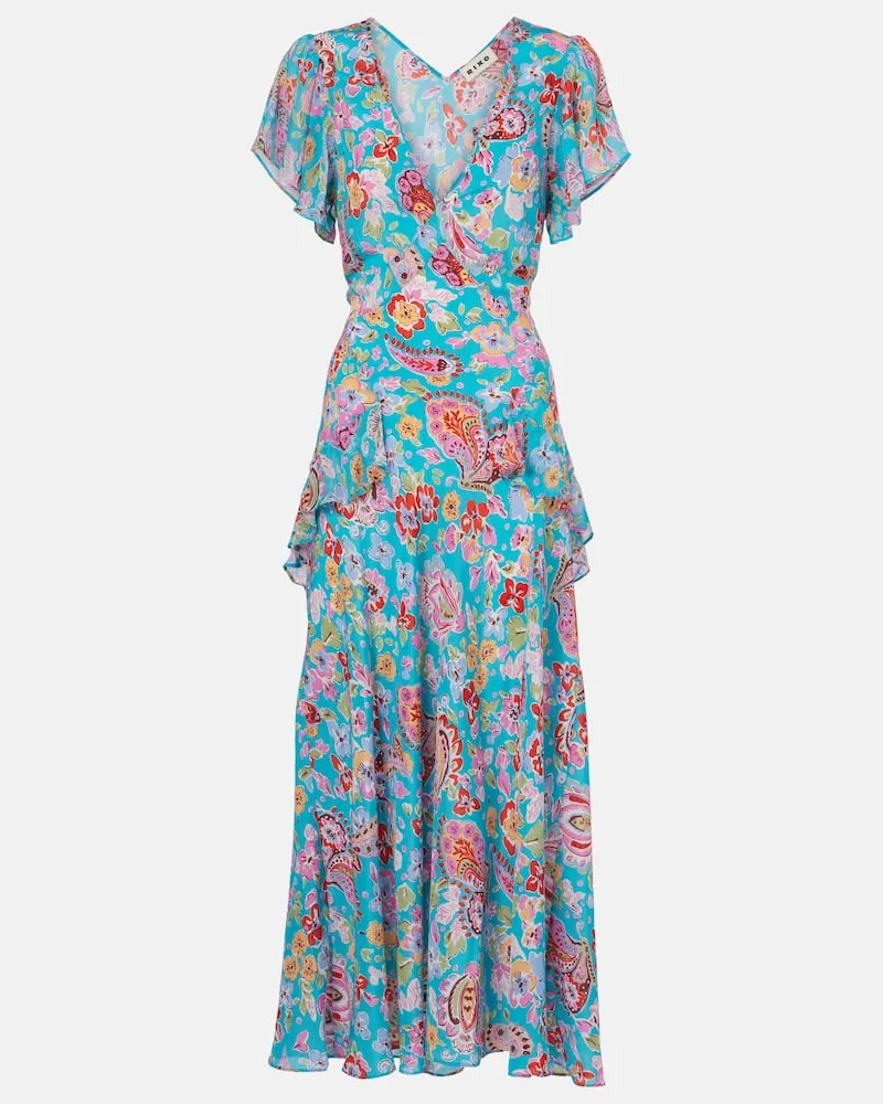 RIXO Midikleid Evie aus Crêpe de Chine aus Seide Blau