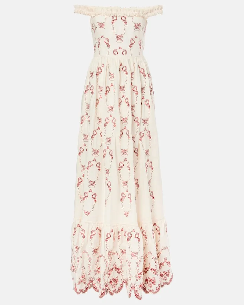 AGUA BENDITA Besticktes Maxikleid Achiote Florero aus Leinen Neutral