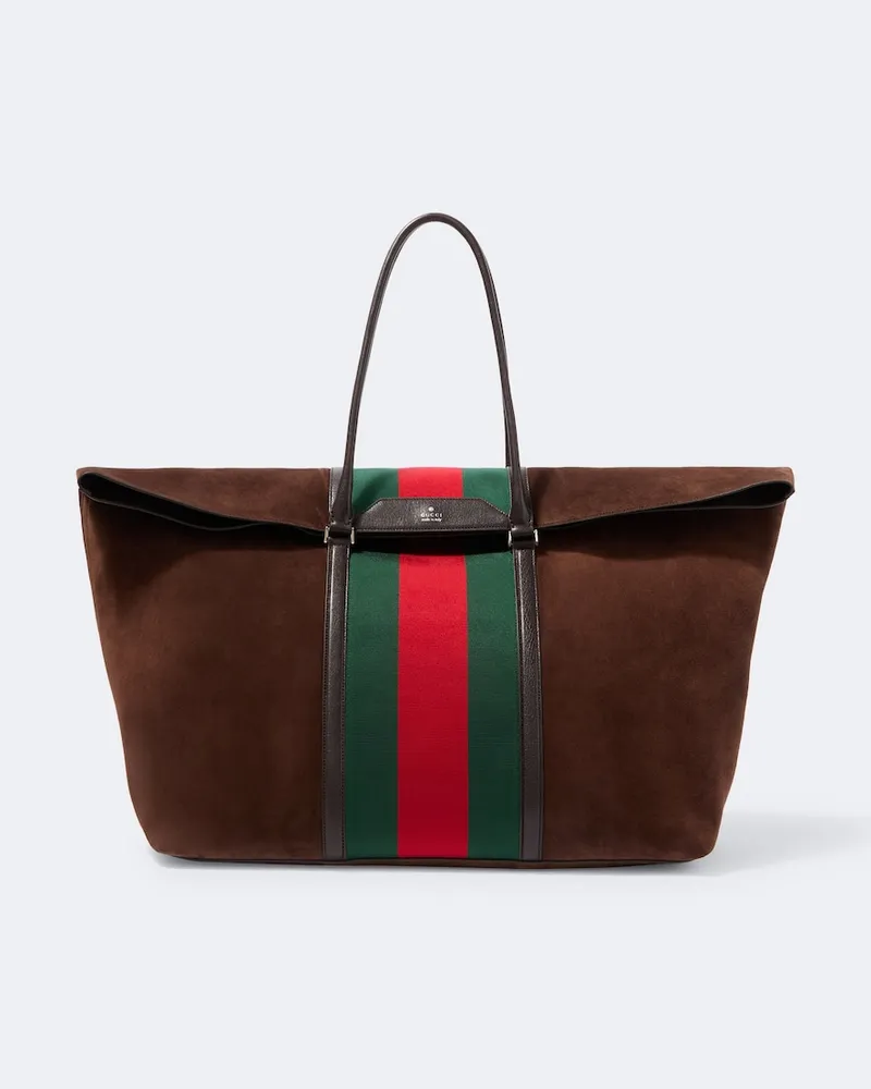 Gucci Tote Bag Web Stripe aus Veloursleder Braun