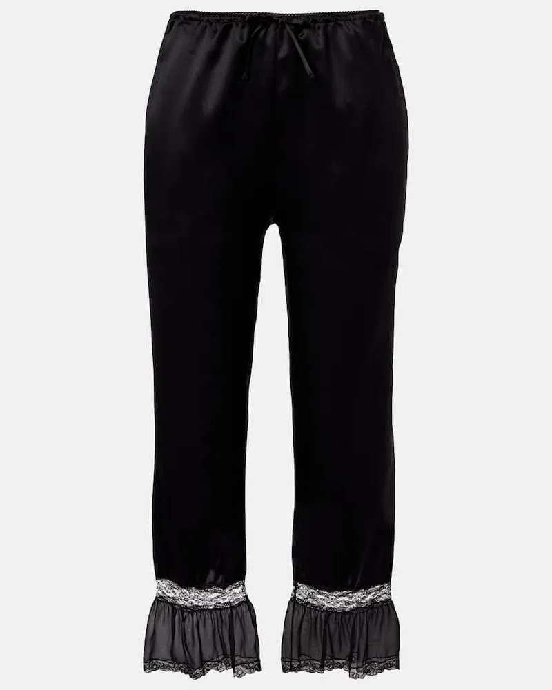 Saint Laurent Weite Hose aus Seidensatin mit Spitze Schwarz