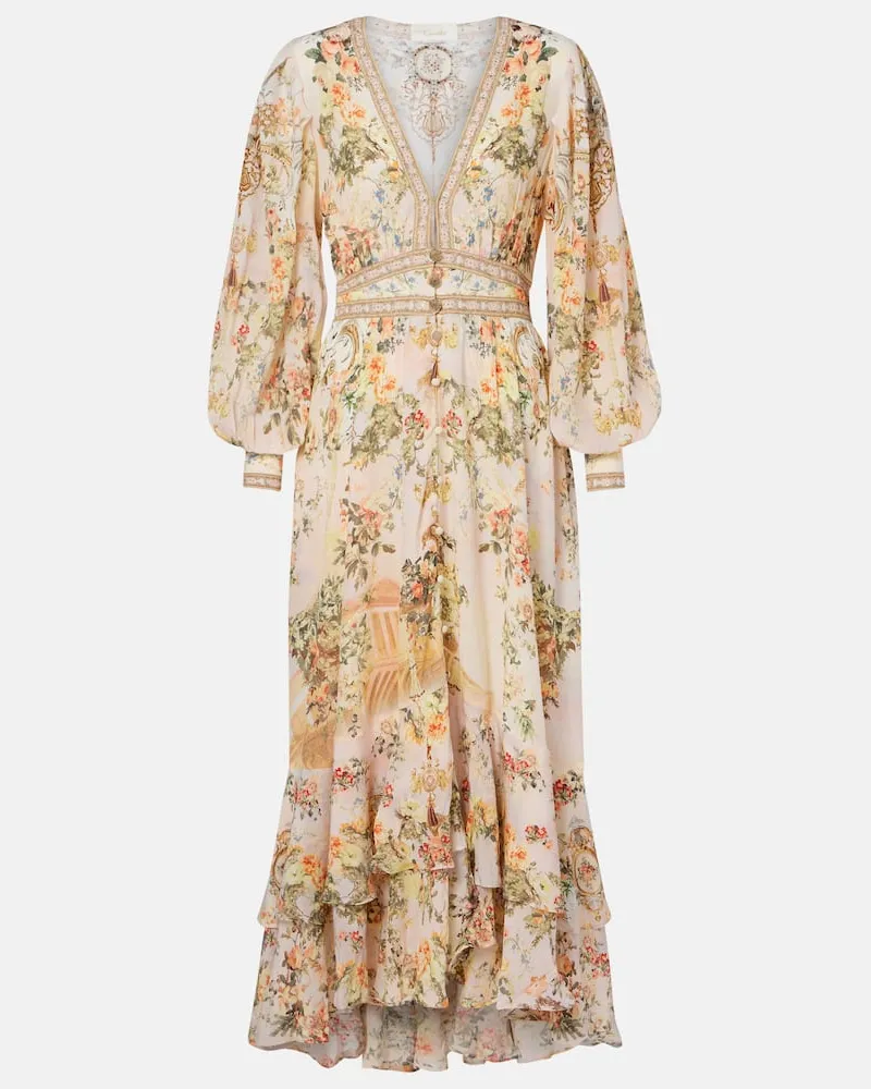 Camilla Verziertes Maxikleid aus Seiden-Crêpe Rosa