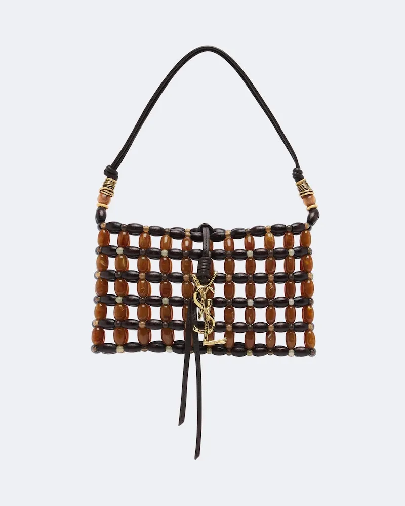 Saint Laurent Verzierte Schultertasche Cassandre mit Leder Braun