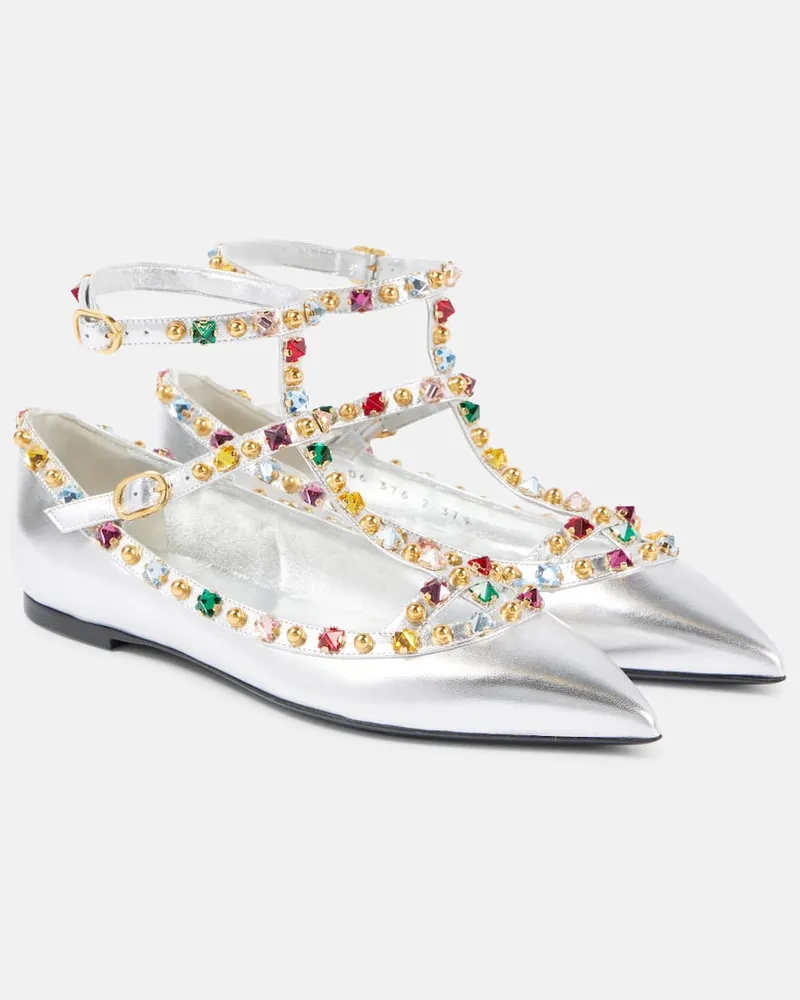 Valentino Garavani Ballerinas Rockstud aus Metallic-Leder Silber
