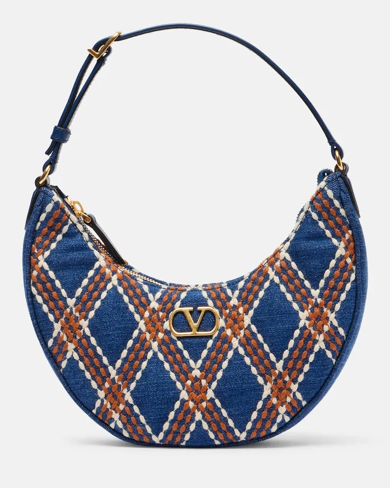 Valentino Garavani Bestickte Schultertasche Quiltie 67 aus Denim Blau