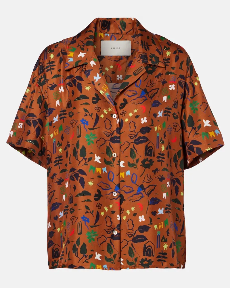 ASCENO Bedrucktes Hemd Prague aus Seiden-Twill Braun