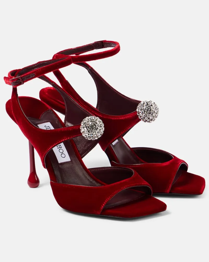 Jimmy Choo Sandalen Orb 95 aus Samt mit Kristallen Rot