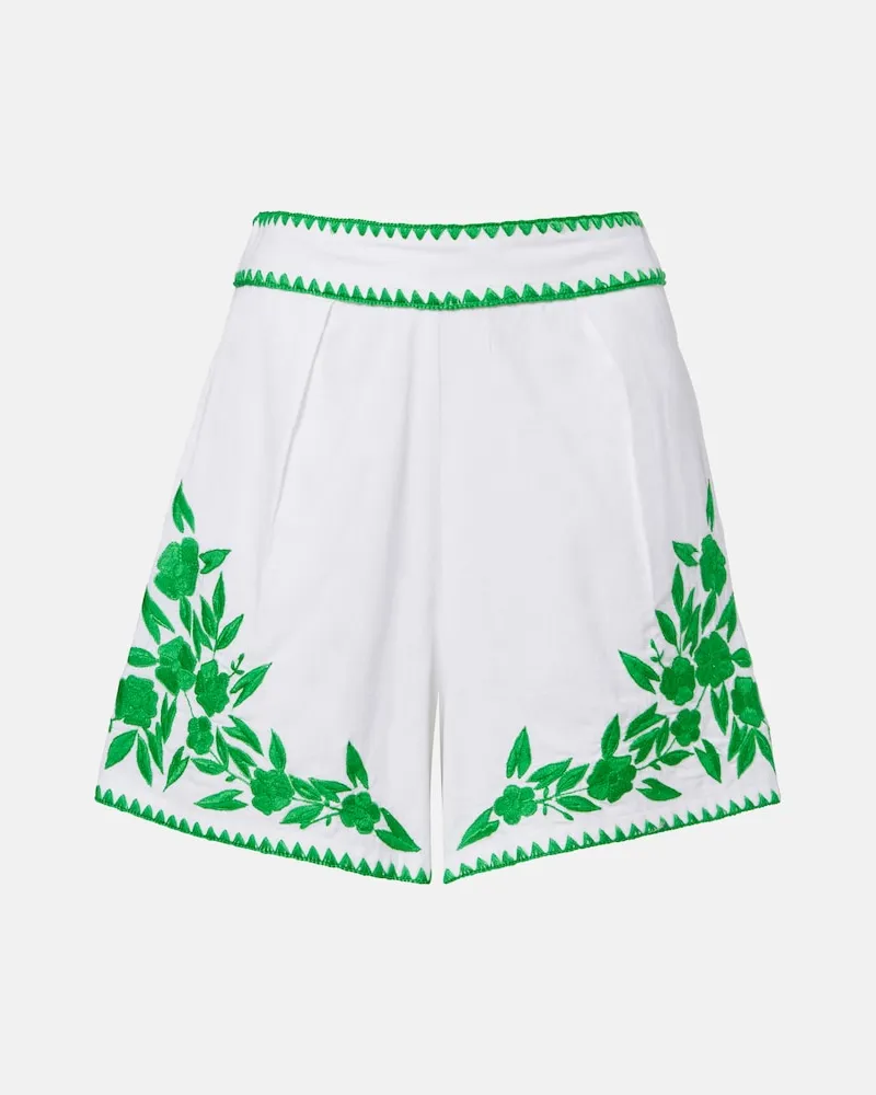 Juliet Dunn Bestickte Shorts aus Baumwolle und Leinen Weiß
