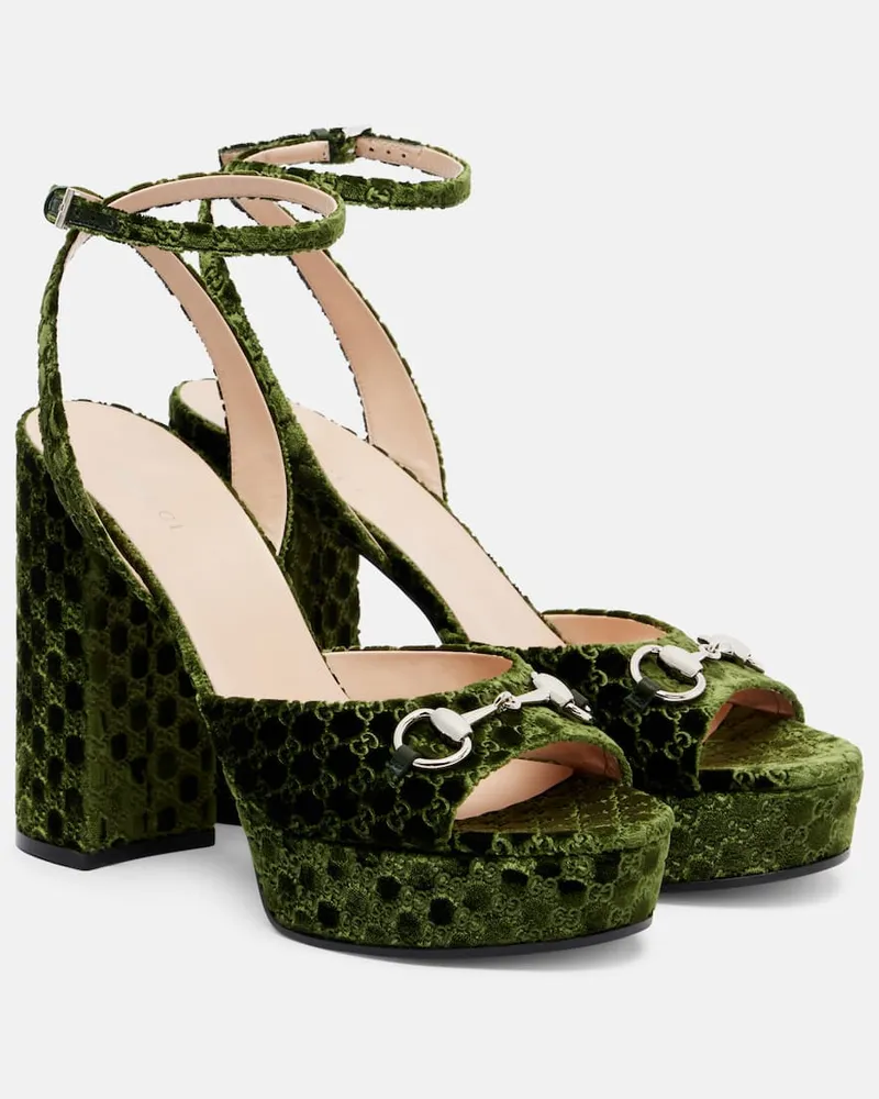 Gucci Plateausandalen Horsebit GG aus Samt Grün