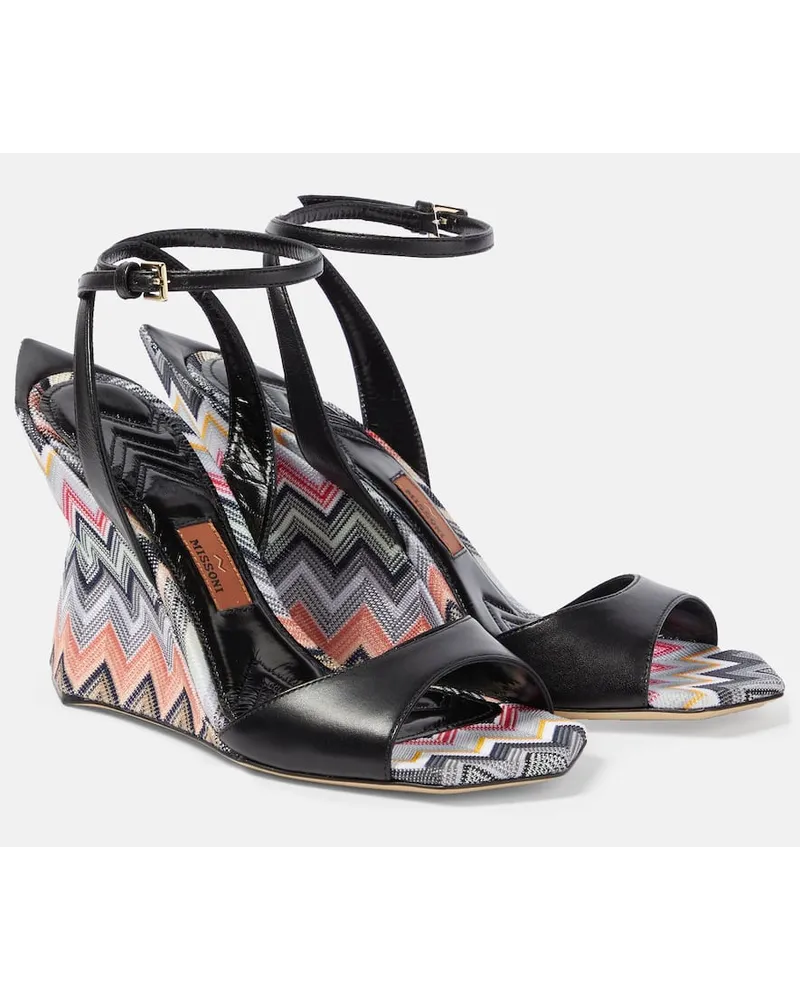 Missoni Wedge-Sandalen aus Leder mit Häkelstrick Schwarz