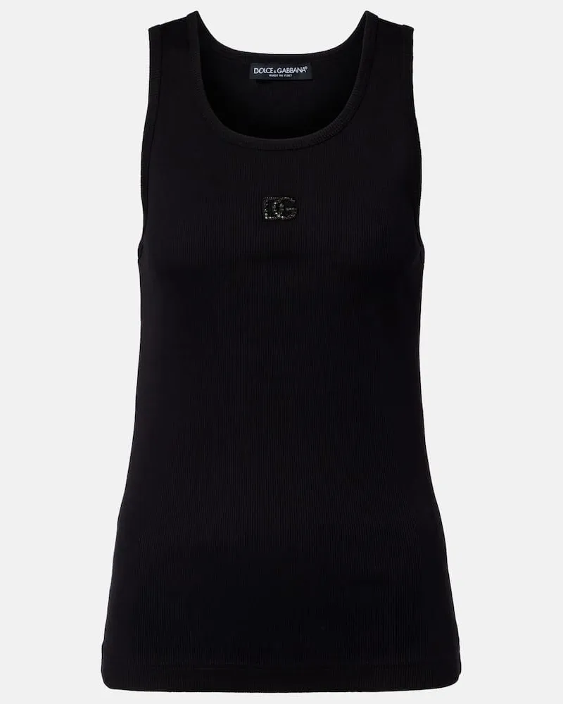 Dolce & Gabbana Verziertes Top DG aus Baumwoll-Rippstrick Schwarz