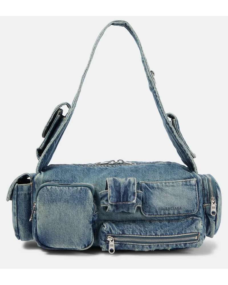 Balenciaga Schultertasche Superbusy Small aus Denim Blau